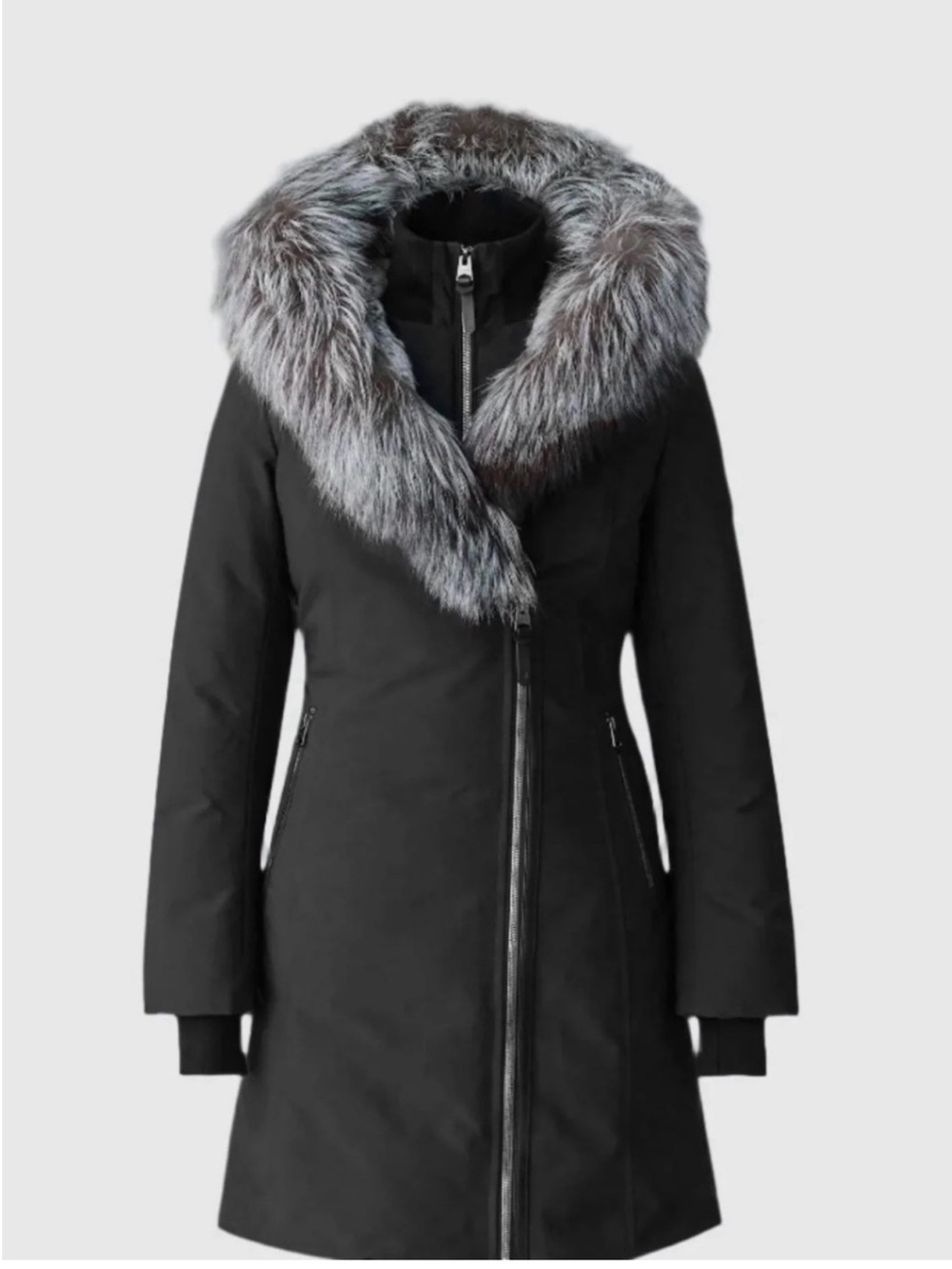 Mackage Black Parka with Silver Fox Fur Hood Trim